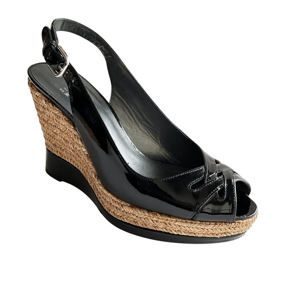 Stuart Weitzman Patent Leather Peep-toe Espadrille Wedge Black 6.5 Wide